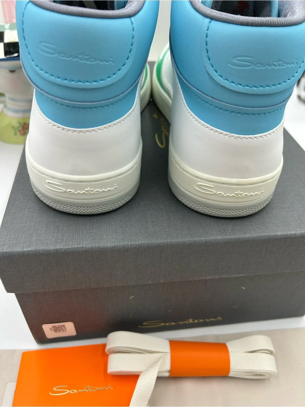 Men's Santoni Men's High-Top Sneakers in Green, Blue & White size 11 made Italy - Picture 8 of 9